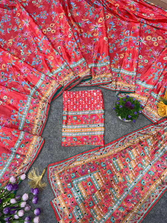 Soft Chinon Silk Digital Print Mirror Hand Work Saree with Unstitched Blouse