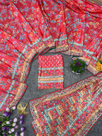 Soft Chinon Silk Digital Print Mirror Hand Work Saree with Unstitched Blouse