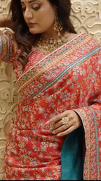 Soft Chinon Silk Digital Print Mirror Hand Work Saree with Unstitched Blouse