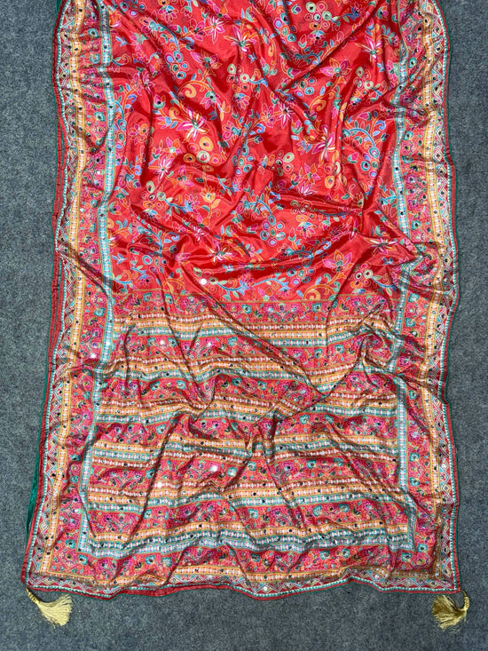 Soft Chinon Silk Digital Print Mirror Hand Work Saree with Unstitched Blouse