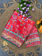 Soft Chinon Silk Digital Print Mirror Hand Work Saree with Unstitched Blouse