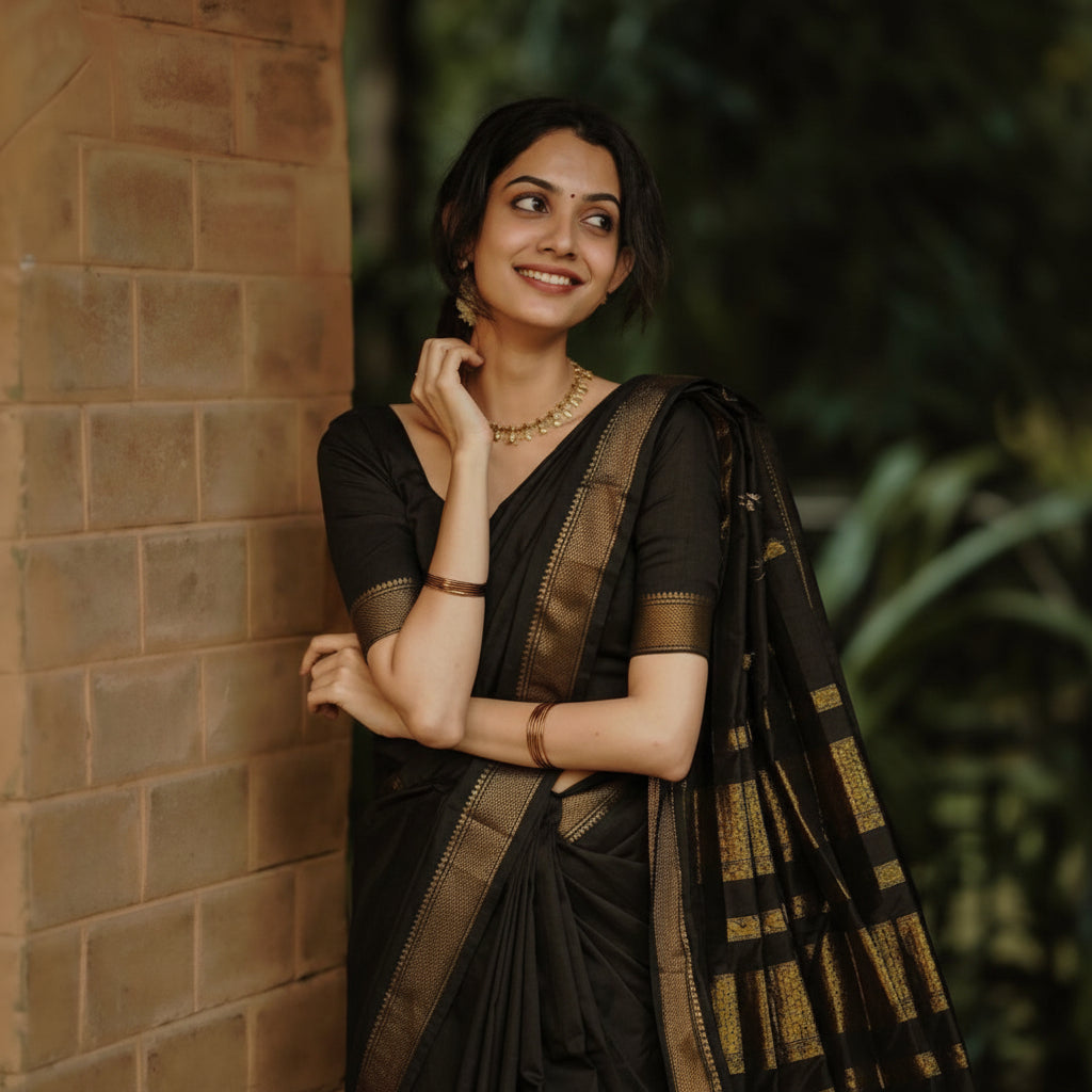 A woman wearing a black saree with gold zari patterns leans against a brick wall outdoors, with a blurred green foliage background.
