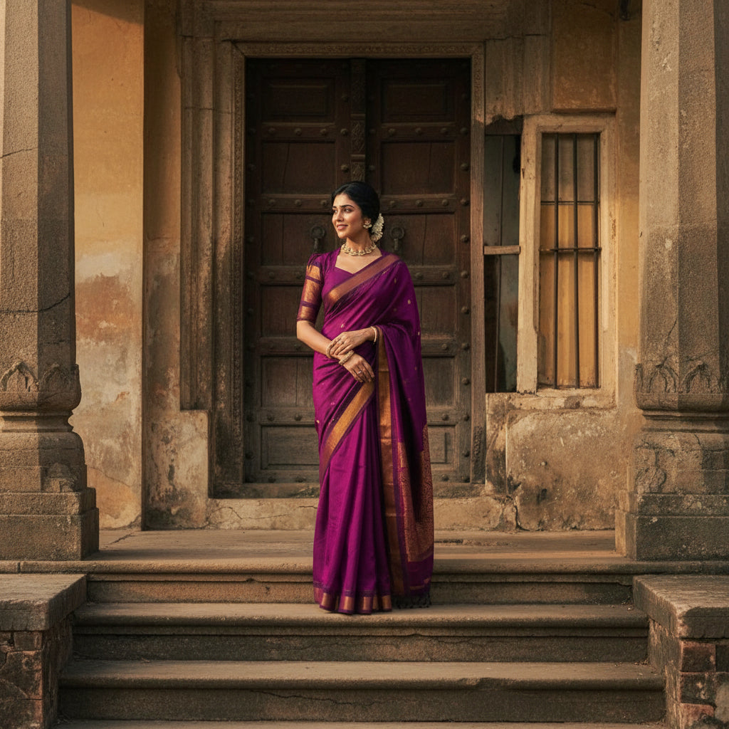 Woman in a purple saree standing in front of a rustic building.