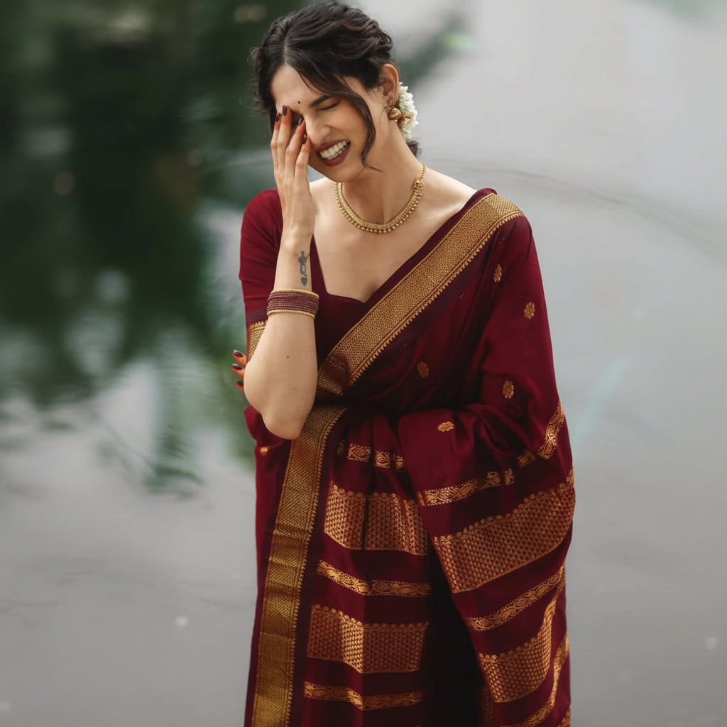 A woman wearing a deep maroon and gold saree, laughing while covering part of her face. The background is a soft-focus outdoor setting with muted green and gray tones.
