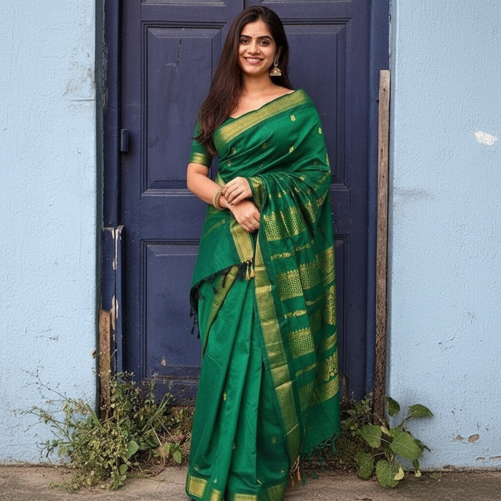 Woman in a green saree standing in front of a blue door.