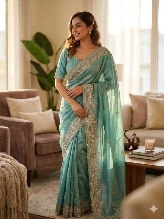 Vichitra Silk Heavy Sequins Embroidered Saree with Sequins Unstitched Blouse