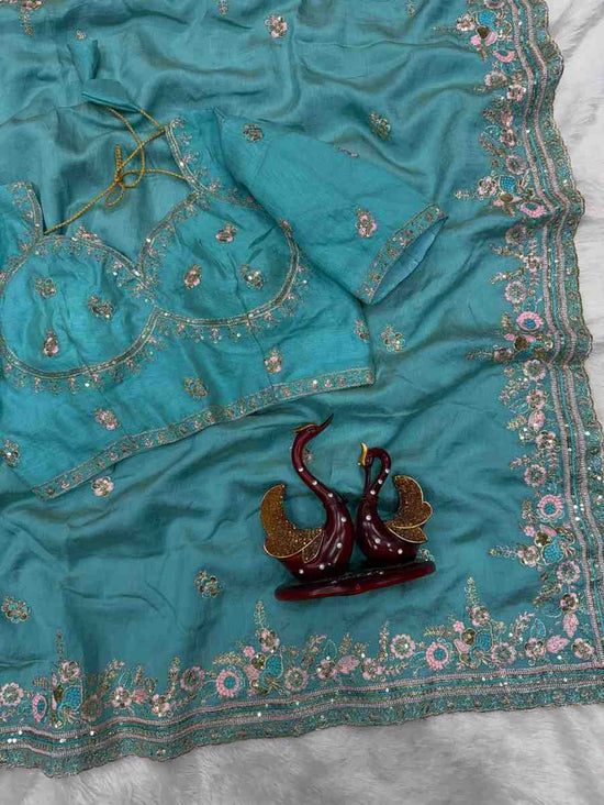 Vichitra Silk Heavy Sequins Embroidered Saree with Sequins Unstitched Blouse