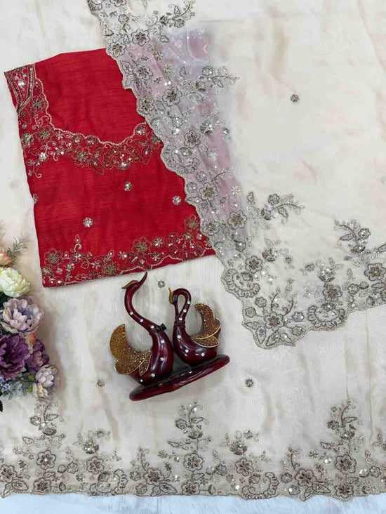 Soft Rangoli Silk Sequins Embroidered Saree with Heavy Banglori Unstitched Blouse