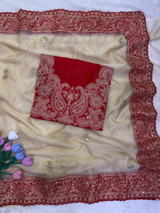 Soft Zipsy Silk Sequins & Dori Embroidered Designer Saree with Banglori Silk Blouse
