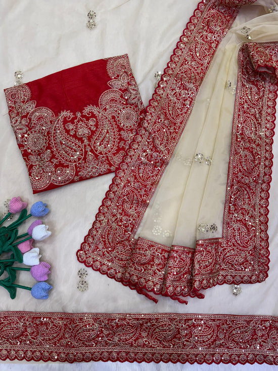 Soft Zipsy Silk Sequins & Dori Embroidered Designer Saree with Banglori Silk Blouse