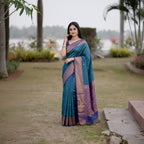 Teal Blue Lichi Silk Jacquard Saree for Women