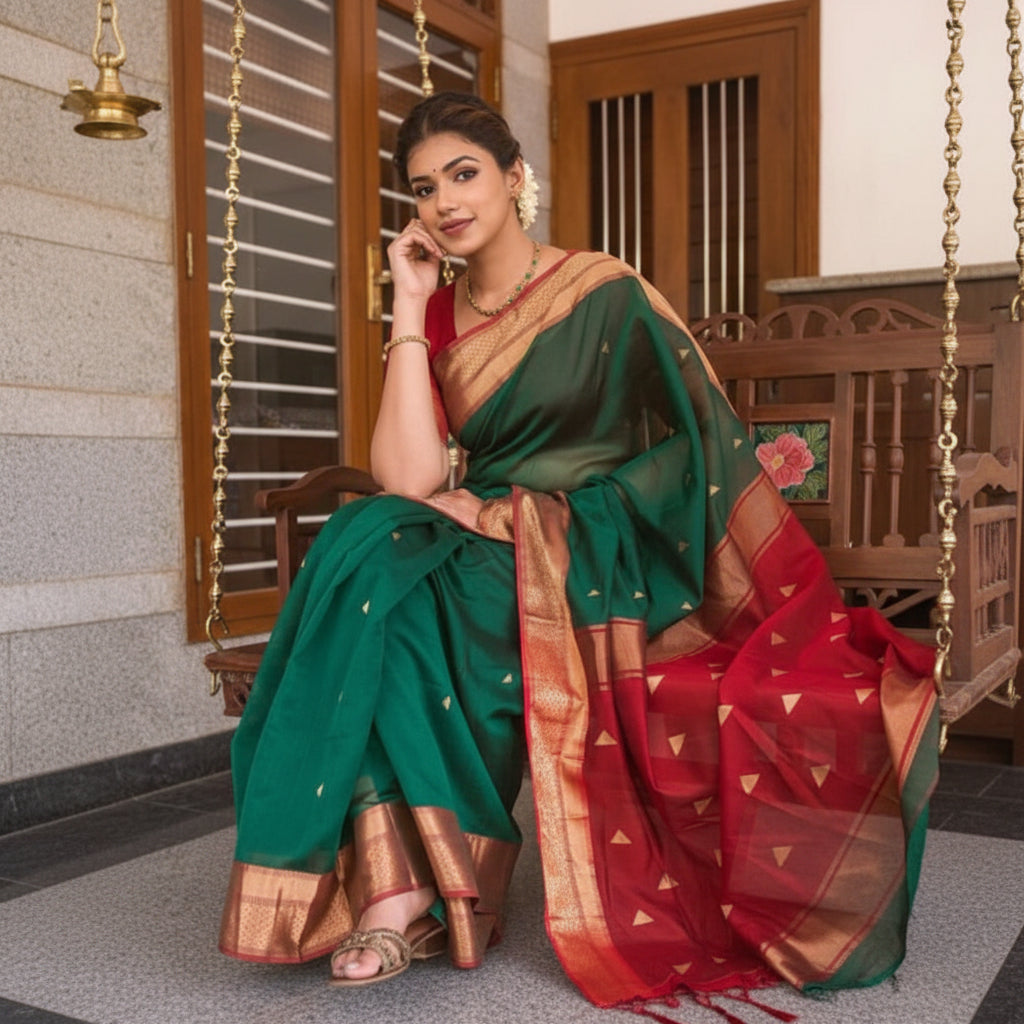 Emerald Green Lichi Silk Jacquard Saree for Women