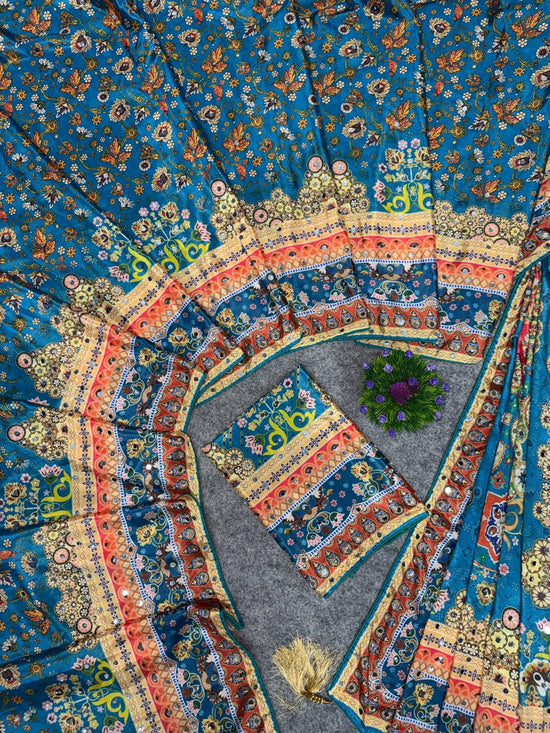 Chinon Silk Mirror Hand Work Tassel Border Saree with Unstitched Blouse