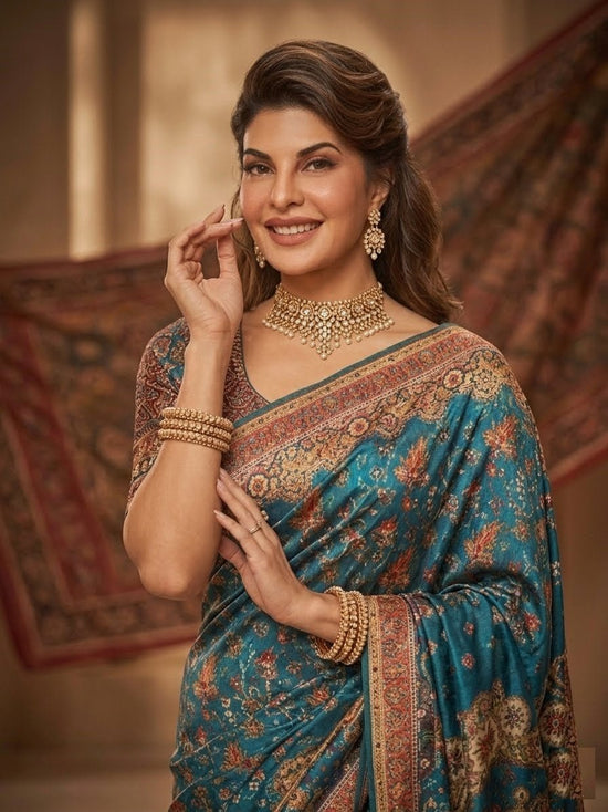 Chinon Silk Mirror Hand Work Tassel Border Saree with Unstitched Blouse