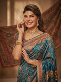 Chinon Silk Mirror Hand Work Tassel Border Saree with Unstitched Blouse