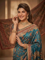 Chinon Silk Mirror Hand Work Tassel Border Saree with Unstitched Blouse