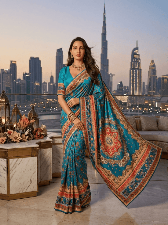 Chinon Silk Mirror Hand Work Tassel Border Saree with Unstitched Blouse
