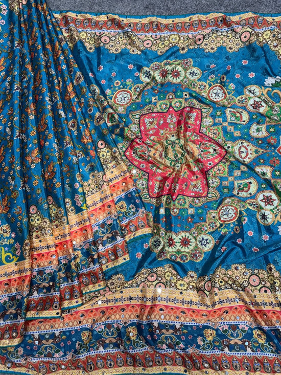 Chinon Silk Mirror Hand Work Tassel Border Saree with Unstitched Blouse