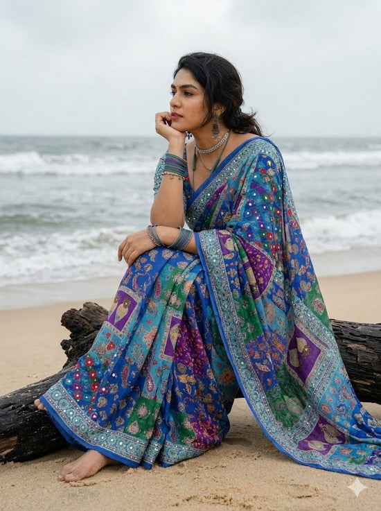 Soft Chinon Silk Digital Print Mirror Hand Work Tassel Border Ready Saree
