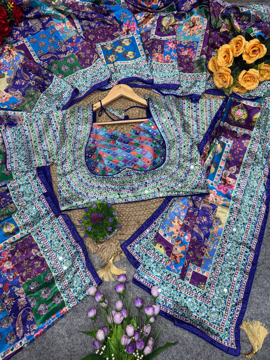 Soft Chinon Silk Digital Print Mirror Hand Work Tassel Border Ready Saree