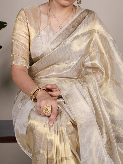 Gold Tissue Zari Weaving Banarasi Saree with Unstitched Blouse