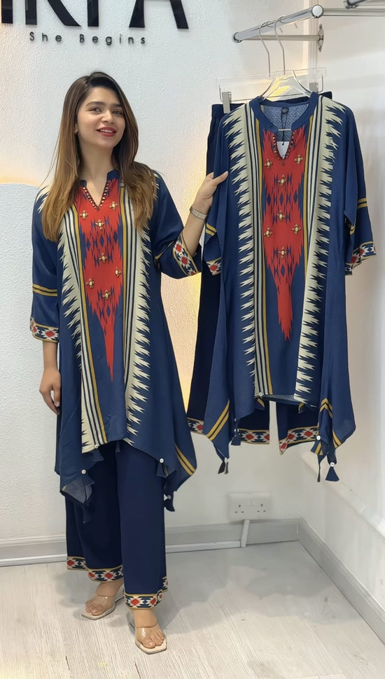 Muslin Cotton Digital Print Hand Work Kurti Pant Set