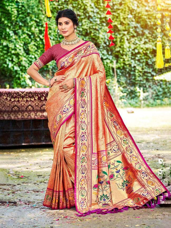 Woman wearing a traditional saree with intricate patterns outdoors.