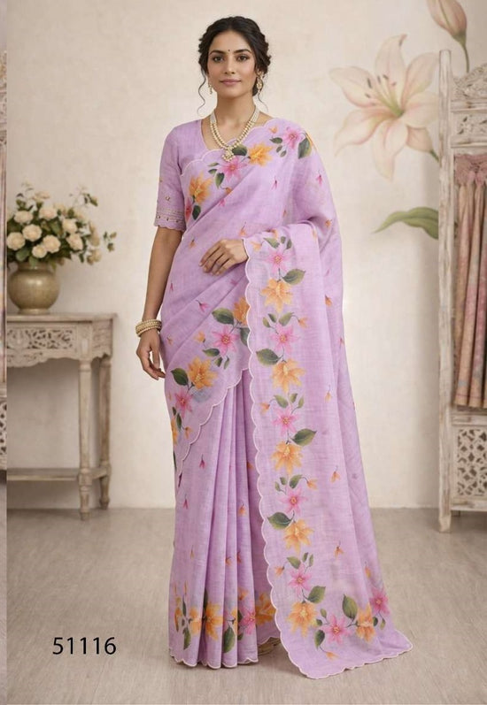 Cotton Printed Aari Work Saree with Unstitched Blouse