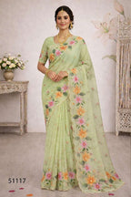 Cotton Printed Aari Work Saree with Unstitched Blouse