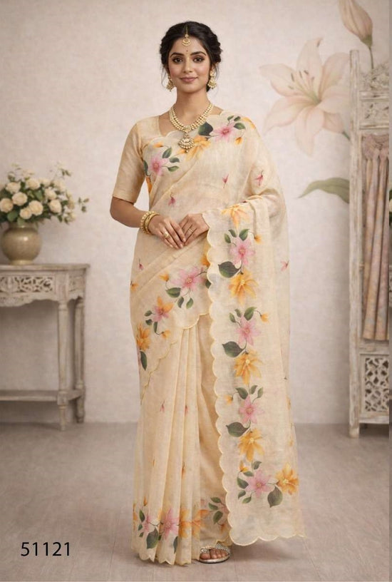 Cotton Printed Aari Work Saree with Unstitched Blouse