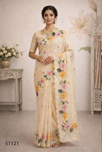 Cotton Printed Aari Work Saree with Unstitched Blouse