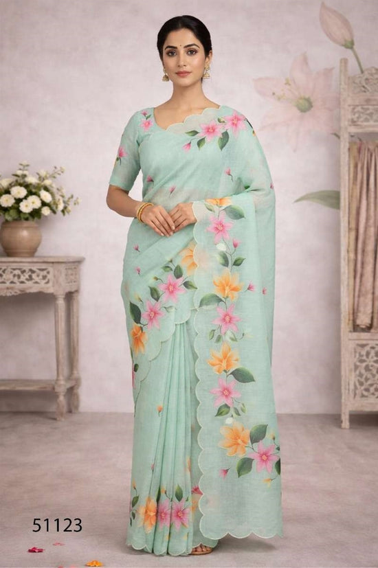 Cotton Printed Aari Work Saree with Unstitched Blouse