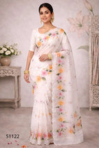Cotton Printed Aari Work Saree with Unstitched Blouse