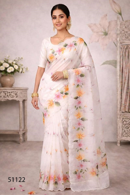 Cotton Printed Aari Work Saree with Unstitched Blouse