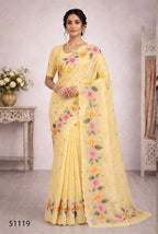 Cotton Printed Aari Work Saree with Unstitched Blouse