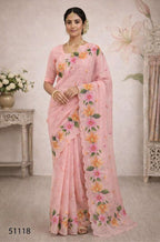 Cotton Printed Aari Work Saree with Unstitched Blouse