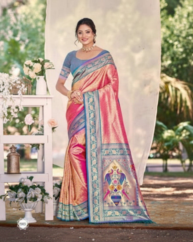 Devyani Kanjivaram Silk Printed Saree with Blouse Piece for Festive & Wedding