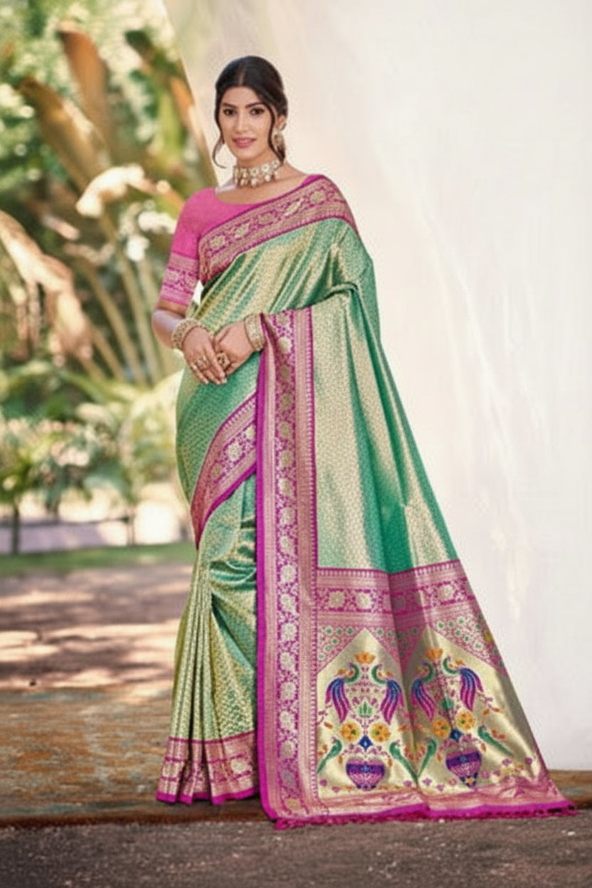 Devyani Kanjivaram Silk Printed Saree with Blouse Piece for Festive & Wedding