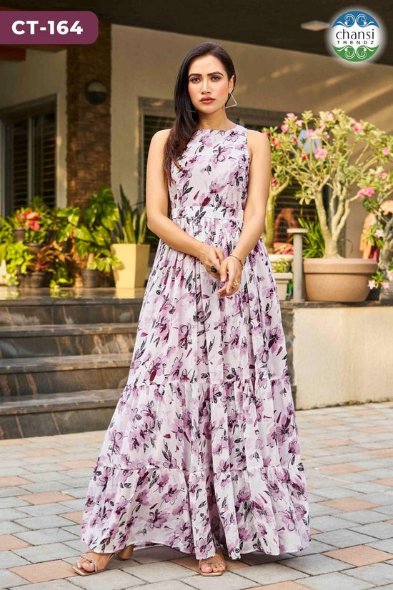 Georgette Printed Sleeveless Ethnic Gown
