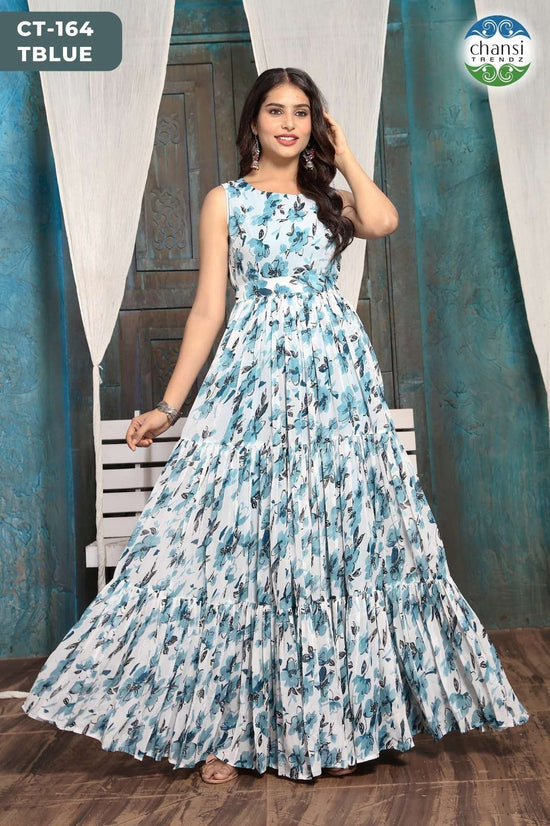 Georgette Printed Sleeveless Ethnic Gown