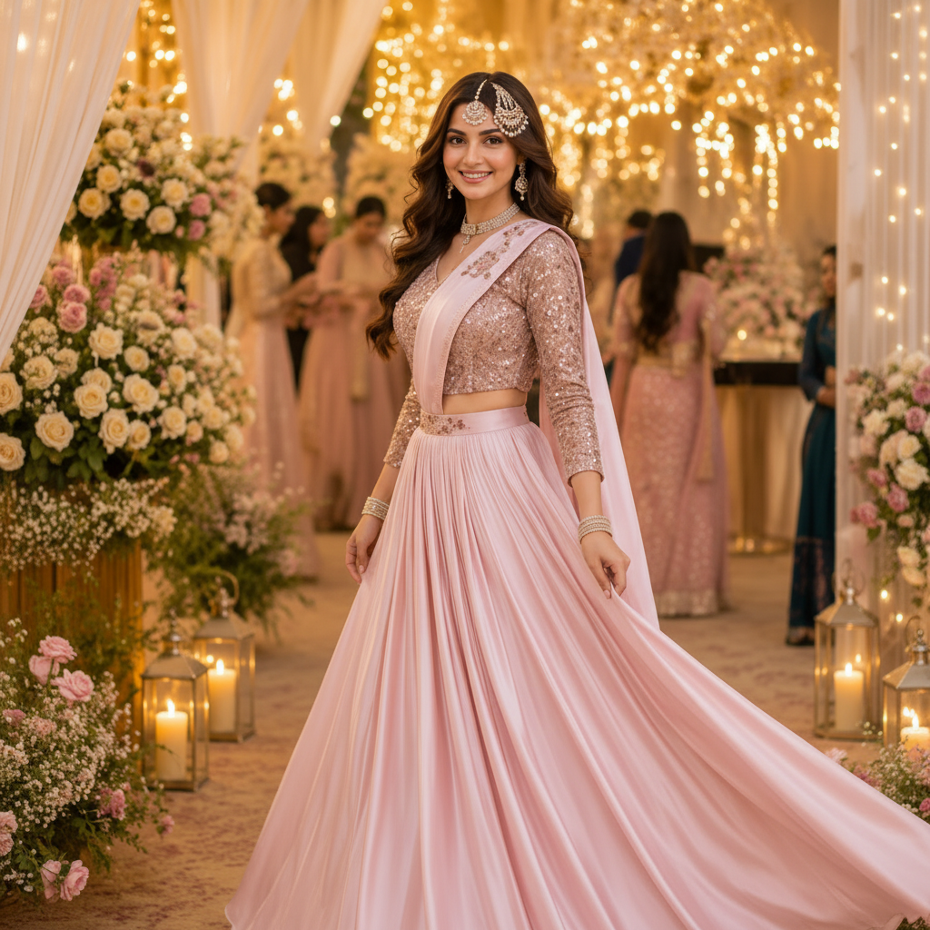 A woman wearing a flowing light pink traditional outfit with a pleated skirt, embroidered long sleeves, and a matching sheer draped overlay, standing in a decorated event hall with warm string lights and floral arrangements.