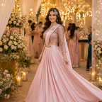 A woman wearing a flowing light pink traditional outfit with a pleated skirt, embroidered long sleeves, and a matching sheer draped overlay, standing in a decorated event hall with warm string lights and floral arrangements.