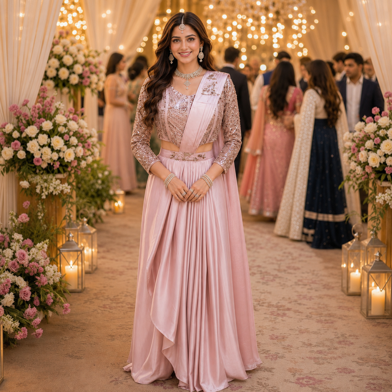 A woman stands in a decorated event hall wearing a formal light pink traditional outfit with a draped sash, embellished sleeves, and a pleated skirt. Guests in formal wear, floral arrangements, and warm string lights are visible in the background.