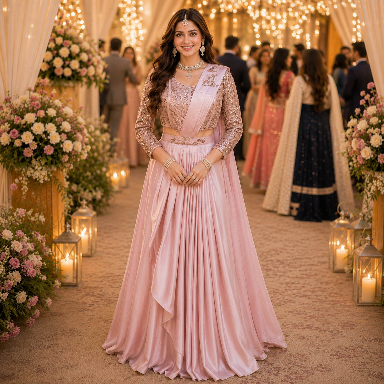Ciyana Pink Armani Satin Silk Ready-to-Wear Saree with Stitched Blouse