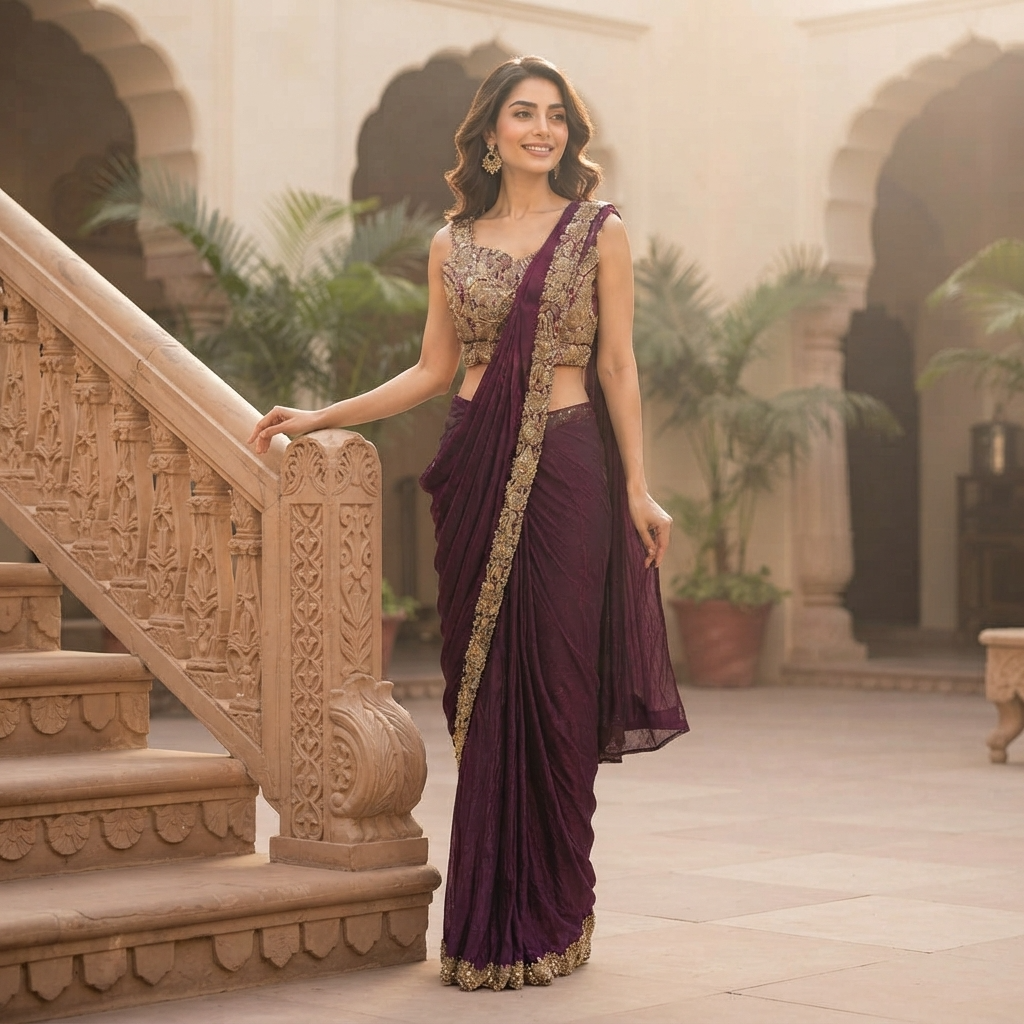 A woman wearing a deep purple saree with gold border detailing and a matching embellished blouse, standing in a courtyard next to a carved stone staircase.