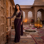 A woman stands in a carved courtyard wearing a deep purple sari with gold embroidery and sheer sleeves. The setting features ornate stone architecture, patterned rugs, lanterns, and a fountain with scattered rose petals.