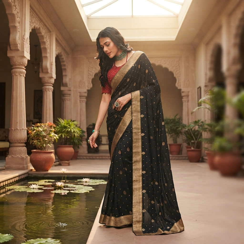 A woman wearing a black saree with gold motifs and a red blouse stands in an ornate courtyard with arches, potted plants, and a water feature.