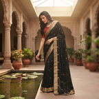 A woman wearing a black saree with gold motifs and a red blouse stands in an ornate courtyard with arches, potted plants, and a water feature.