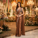 A woman stands in a grand, decorated event hall wearing a bronze-brown sari with intricate silver embroidery and a matching embellished blouse. The background features hanging floral arrangements, warm chandeliers, and floral decorations.