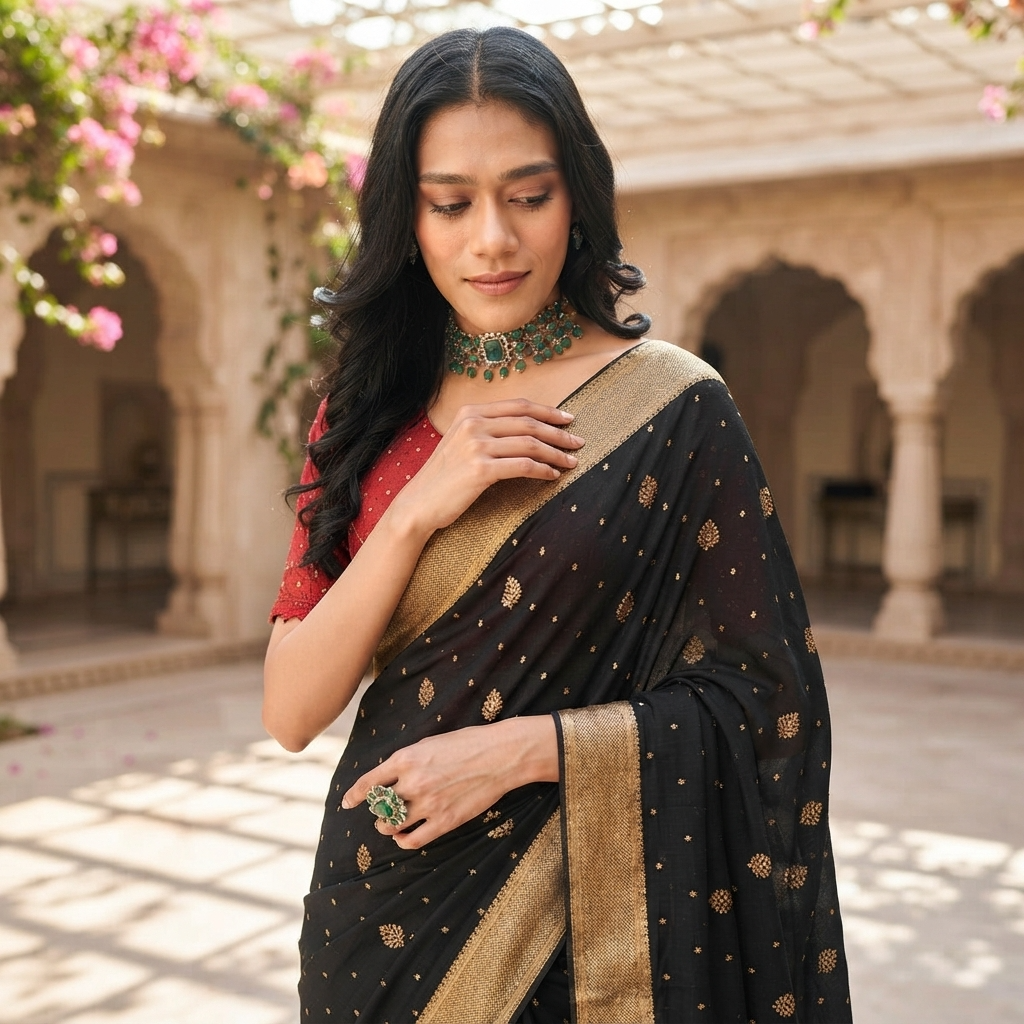 A woman wearing a black saree with gold motifs and a red blouse, standing in an outdoor courtyard with arches and pink flowers in the background.